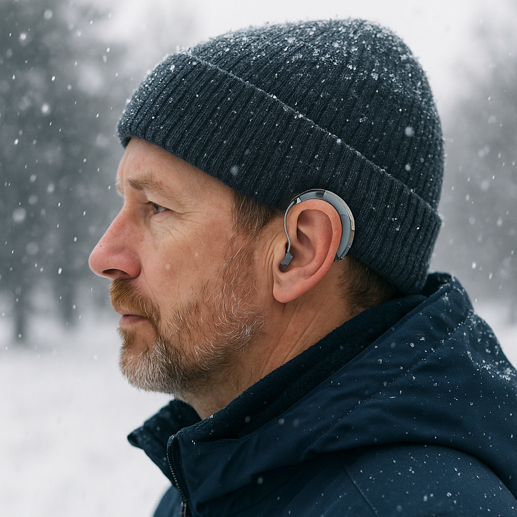 Man wearing behind-the-ear hearing aids outdoors on a snowy winter day, with a beanie hat covering his ears.