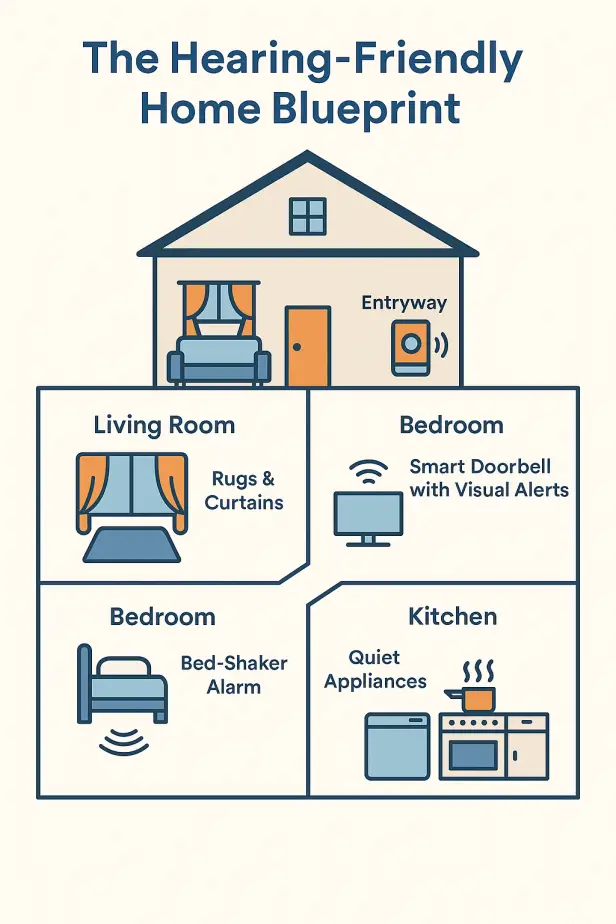 Infographic titled 'The Hearing-Friendly Home Blueprint' showing a house floorplan with accessibility upgrades: living room with rugs and curtains, bedroom with bed-shaker alarm and smart doorbell alerts, kitchen with quiet appliances, and entryway with a smart video doorbell.