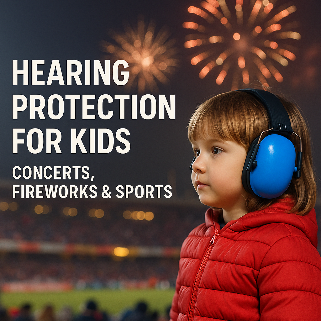 Child wearing blue earmuff hearing protection at a stadium with fireworks in the background, illustrating safe listening for kids at concerts, fireworks, and sports events.