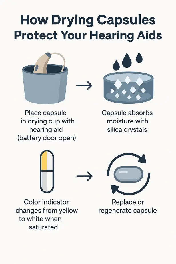 Infographic titled “How Drying Capsules Protect Your Hearing Aids” showing four steps: 1) Place capsule in drying cup with hearing aid (battery door open), 2) Capsule absorbs moisture with silica crystals, 3) Color indicator changes from yellow to white when saturated, 4) Replace or regenerate capsule. Includes simple icons of a hearing aid in a cup, water droplets, a capsule with color change, and a recycle symbol.