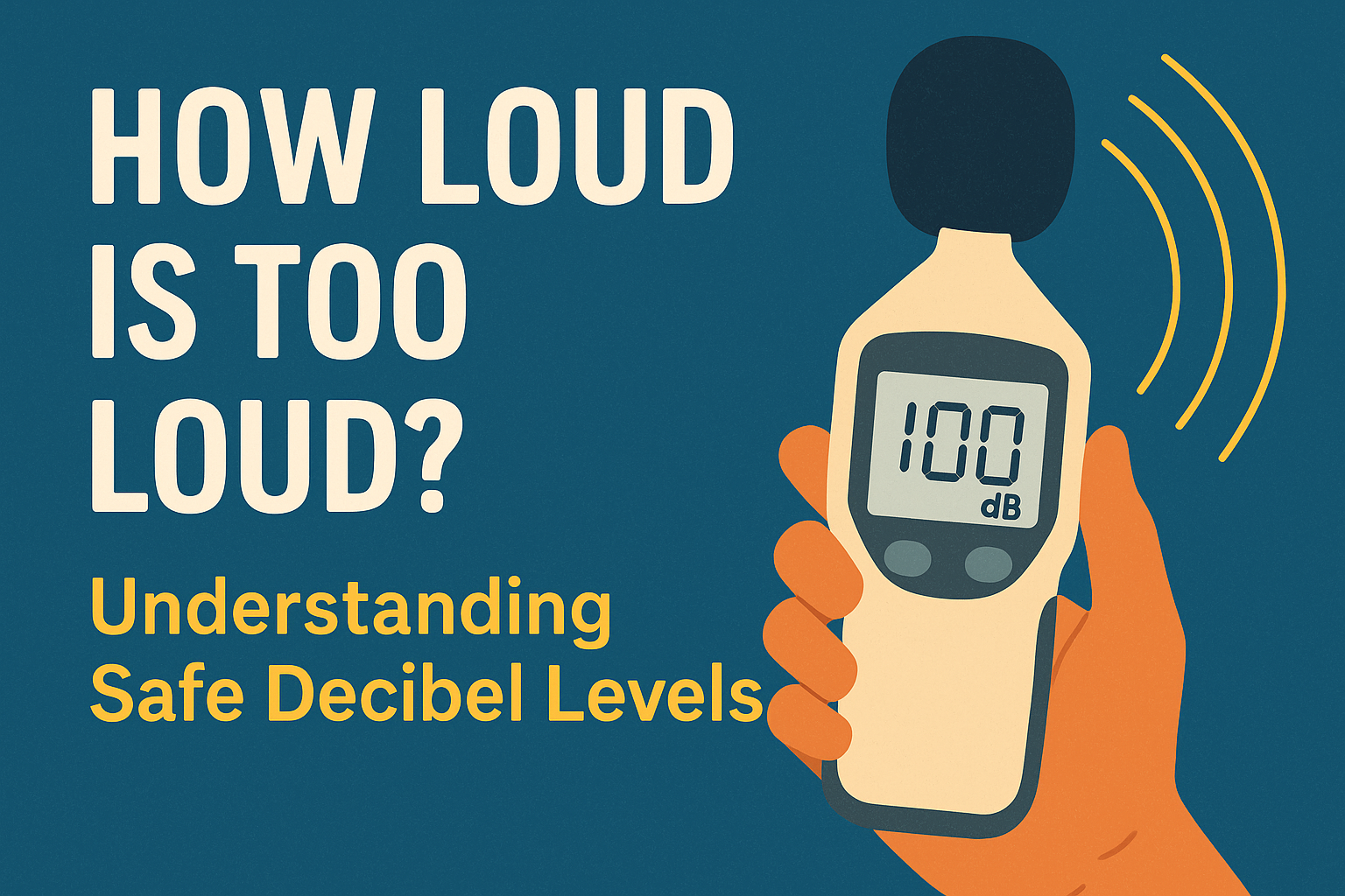 Illustration of a hand holding a sound level meter reading 100 dB, with yellow sound waves and text that says “How Loud Is Too Loud? Understanding Safe Decibel Levels