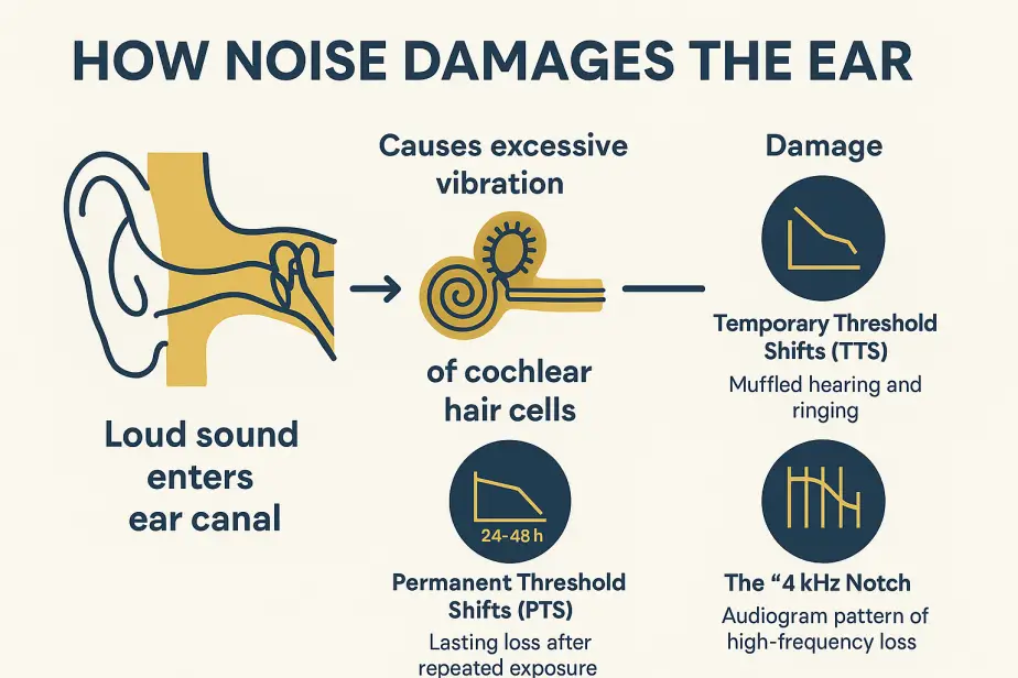 Infographic showing how loud sound damages cochlear hair cells and leads to temporary and permanent hearing loss