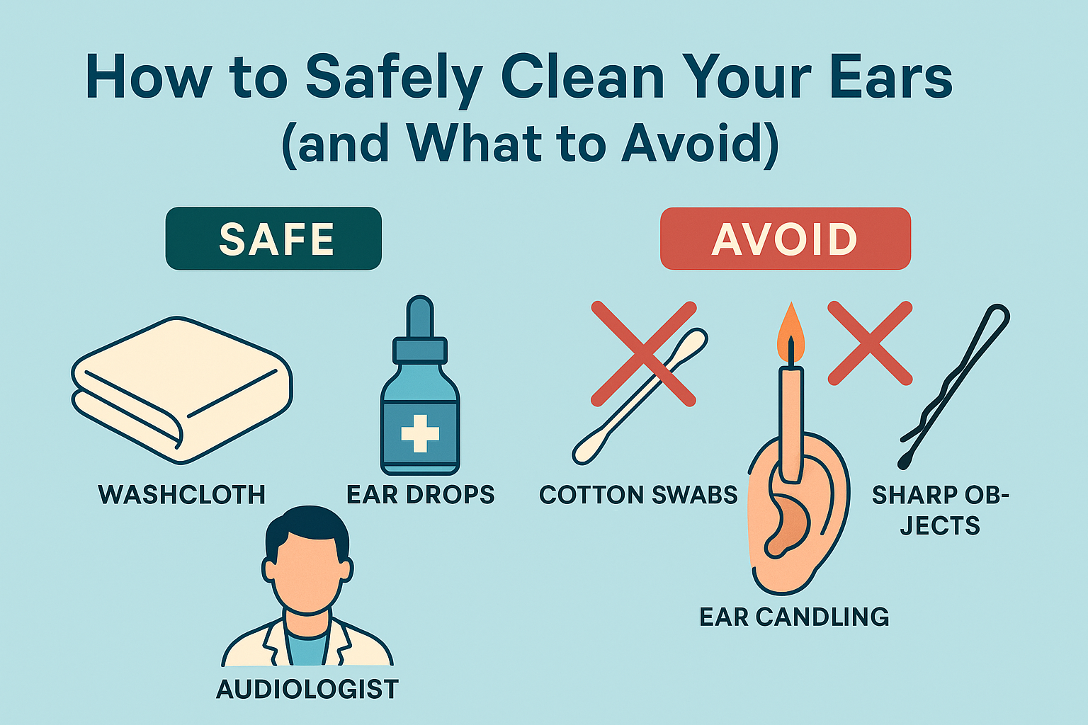 Infographic showing safe vs unsafe ear cleaning methods. Safe: washcloth, ear drops, audiologist care. Unsafe: cotton swabs, ear candling, sharp objects.