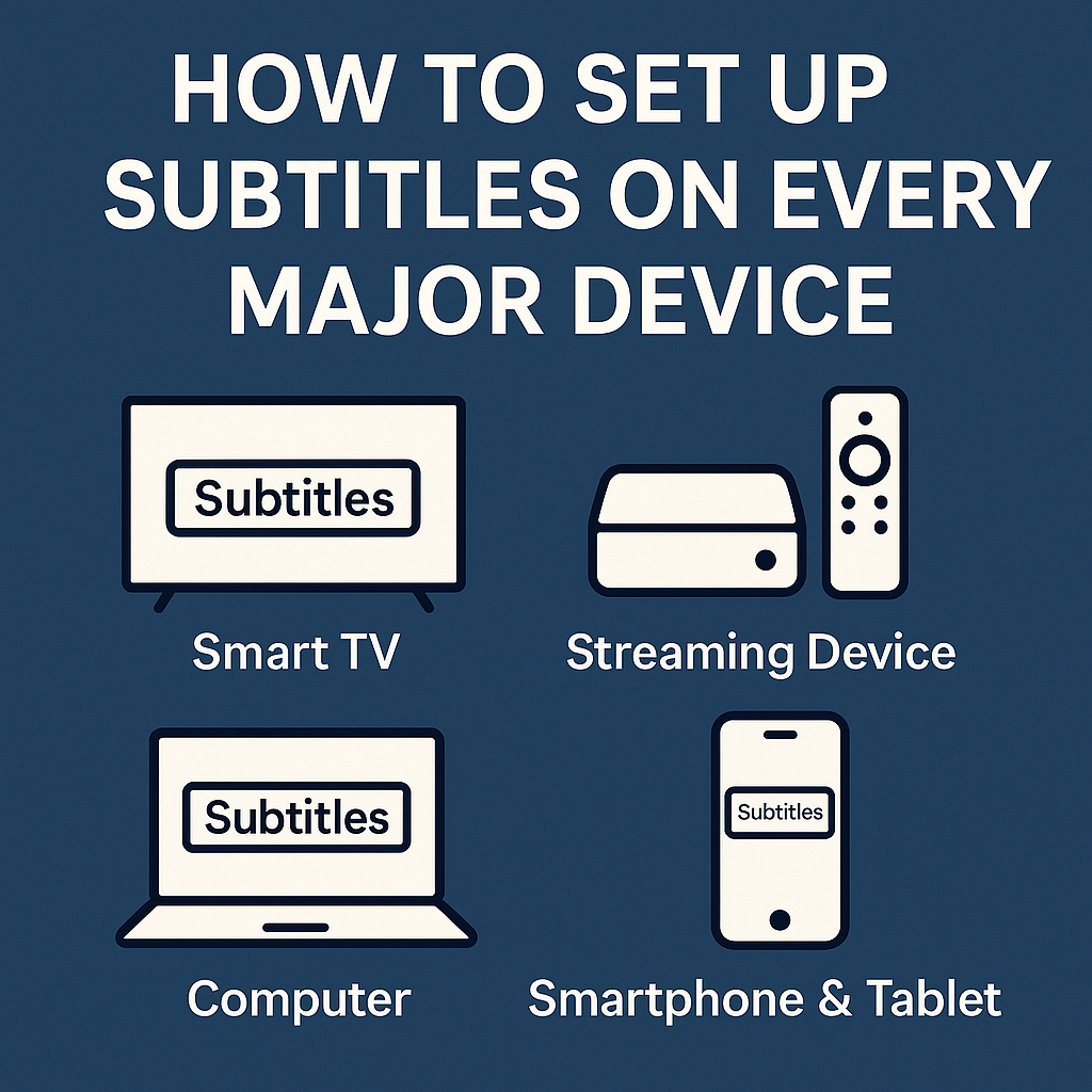 Infographic showing how to set up subtitles on every major device, with icons for Smart TV, streaming device, computer, and smartphone/tablet on a blue background.