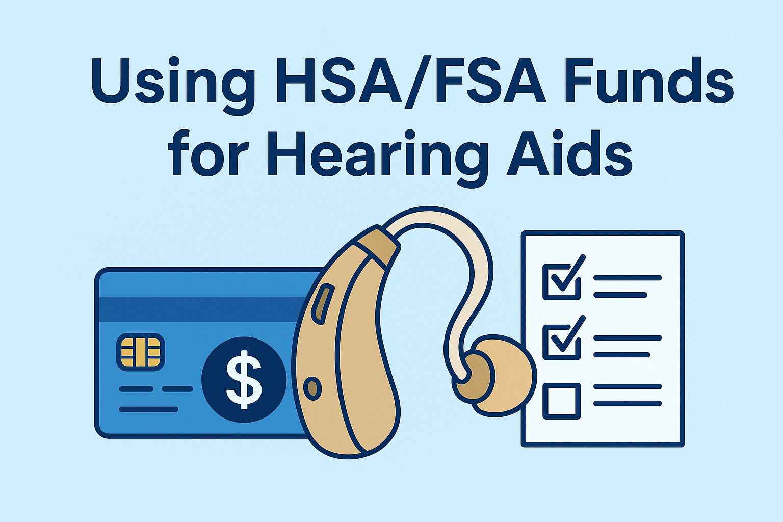 Flat design graphic showing a hearing aid, a blue credit card with a dollar sign, and a checklist under the title 'Using HSA/FSA Funds for Hearing Aids' on a light blue background