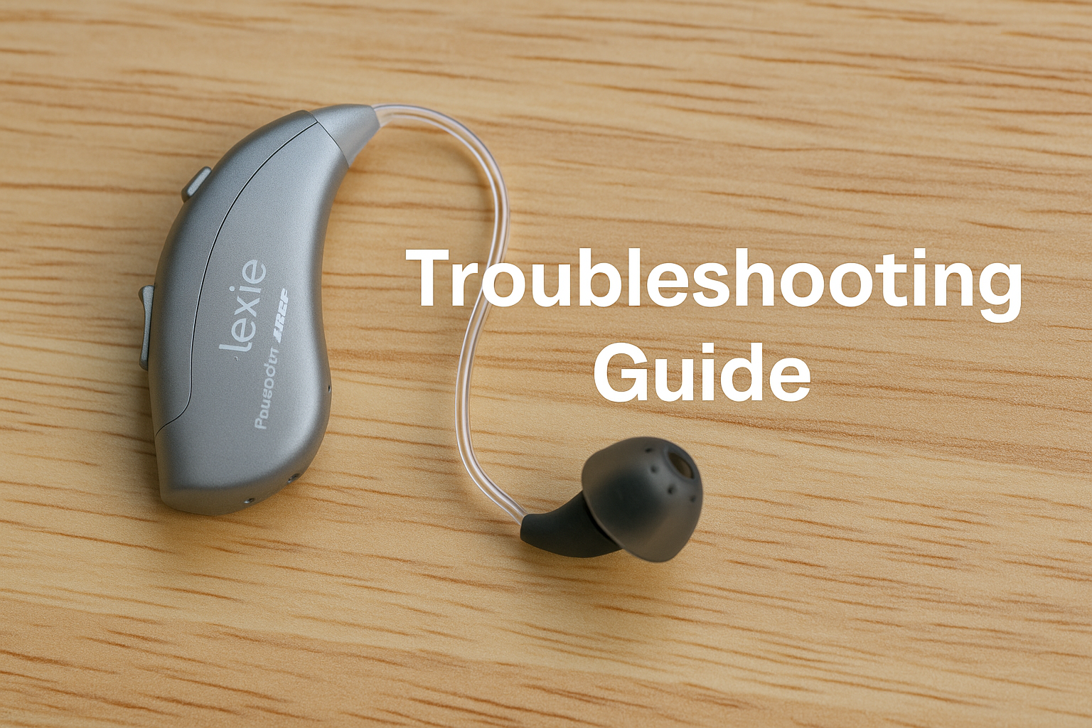 Close-up of a Lexie B2 Powered by Bose behind-the-ear hearing aid with a gray body and silicone dome, placed on a light wood surface, with the words 'Troubleshooting Guide' in white text beside it