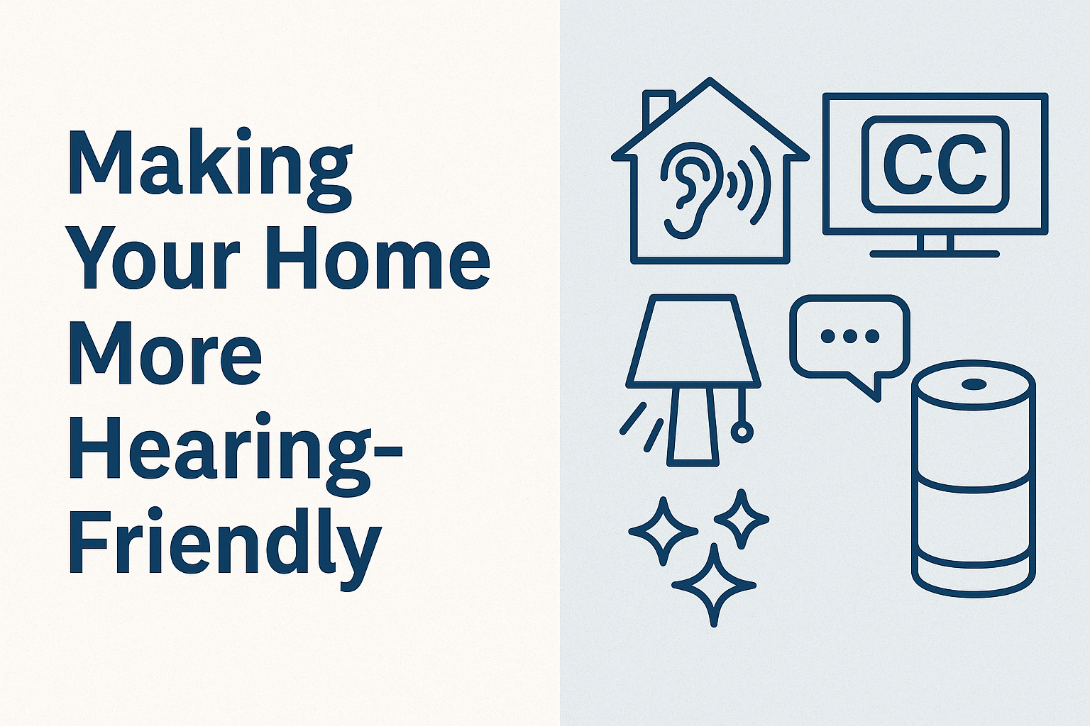 Featured image for article 'Making Your Home More Hearing-Friendly' showing icons of a hearing-friendly house, TV with captions, lamp with light signals, smart speaker, and communication symbols.