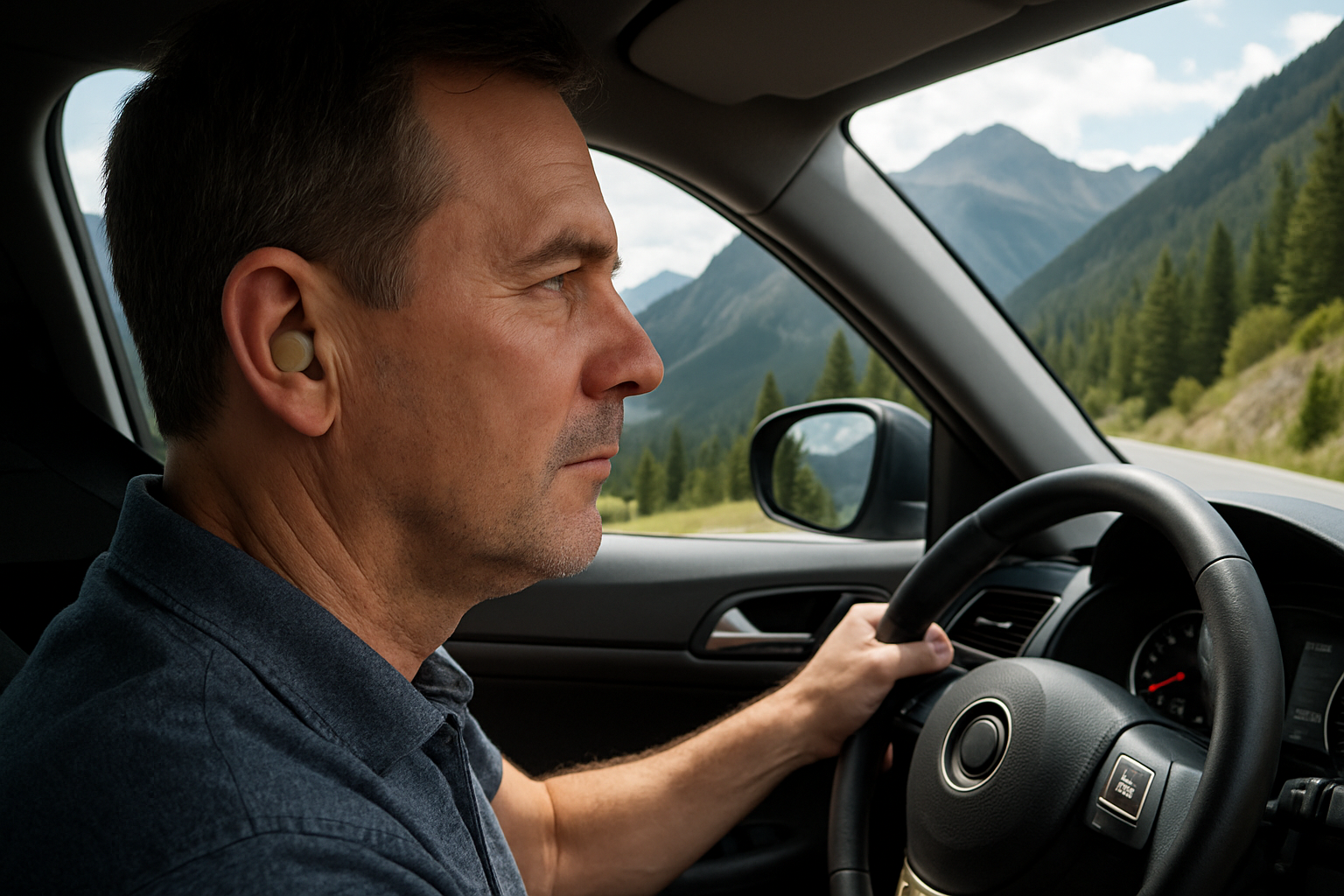 Middle-aged man driving through mountain roads with an in-the-ear hearing aid visible in his ear, high altitude.