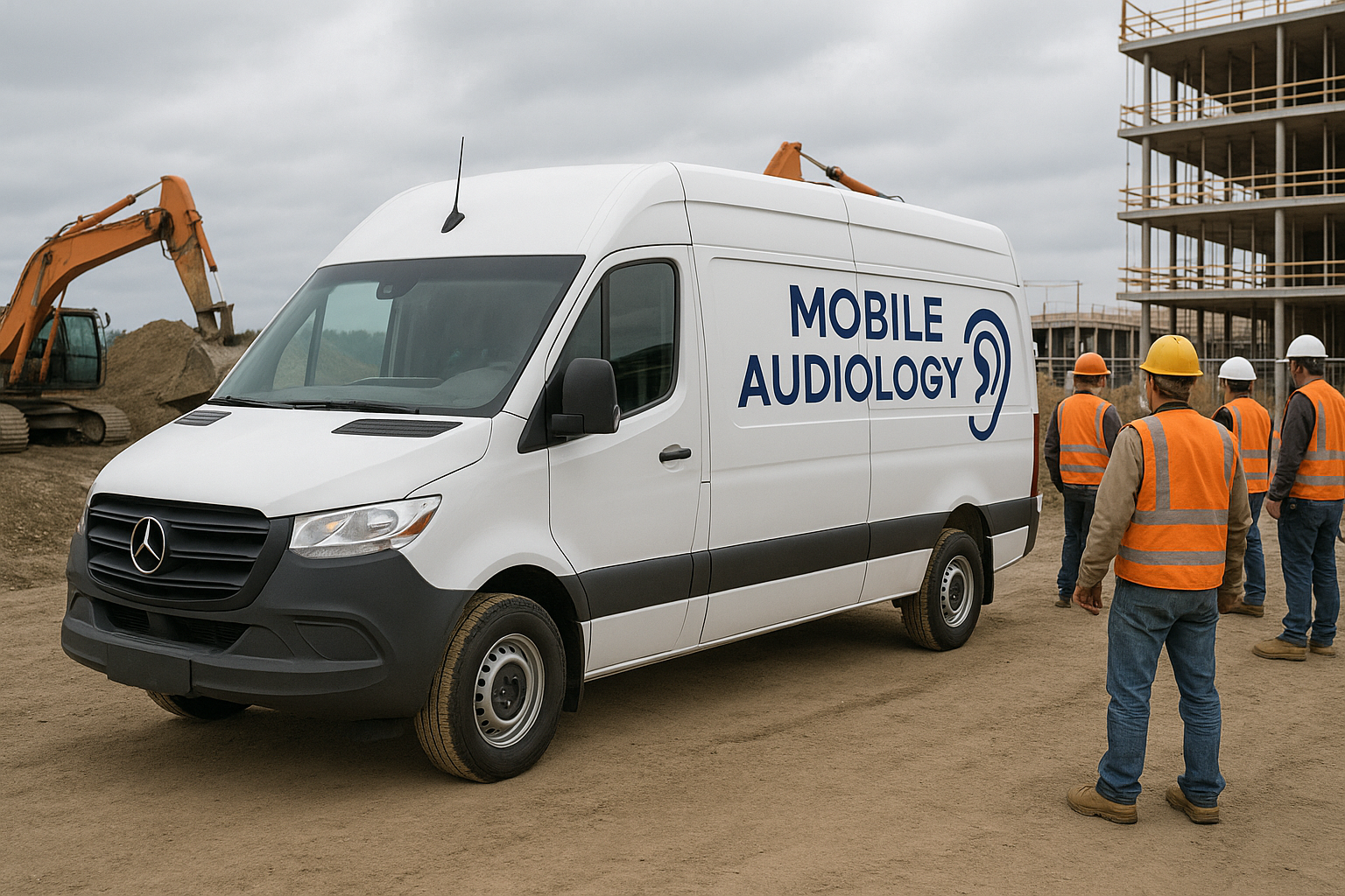 Mobile audiology van parked at a construction site, with workers in safety gear preparing for hearing tests