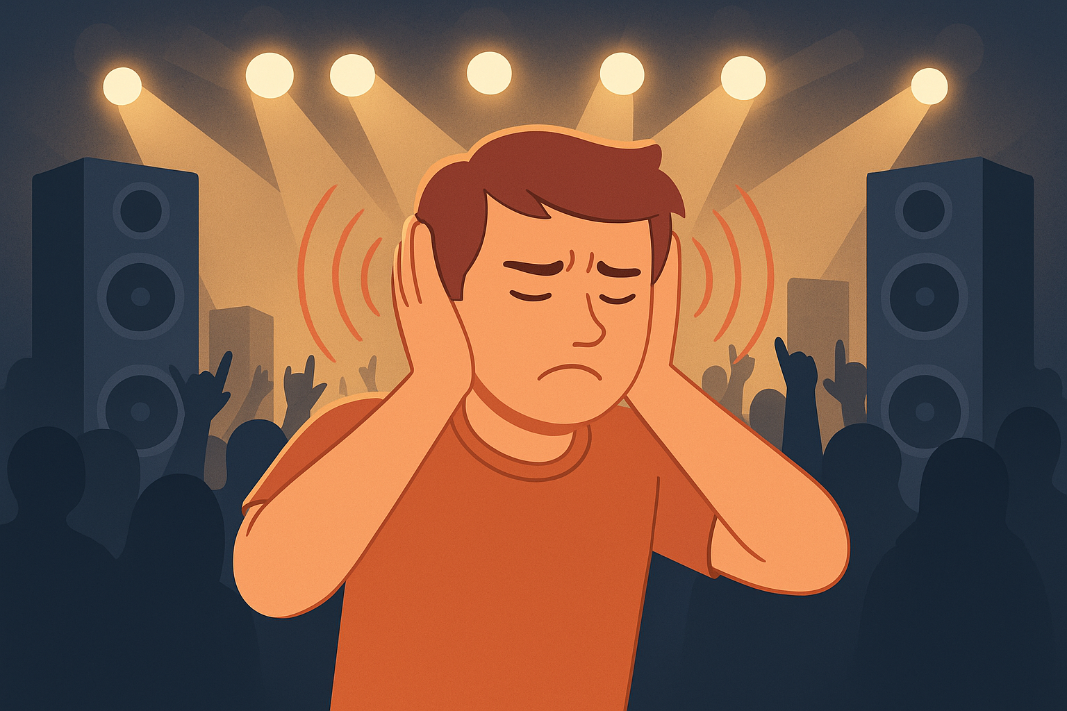 Illustration of a person covering their ears in a loud concert with bright lights and large speakers, symbolizing noise-induced hearing loss