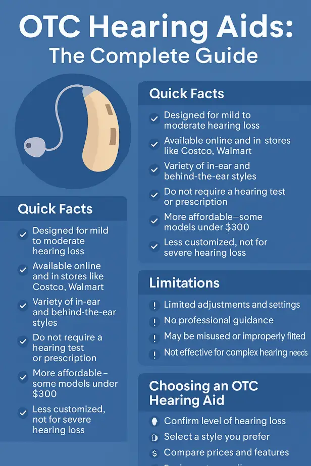 Infographic explaining OTC hearing aids: quick facts, benefits, limitations, and tips for choosing the right device for mild to moderate hearing loss.