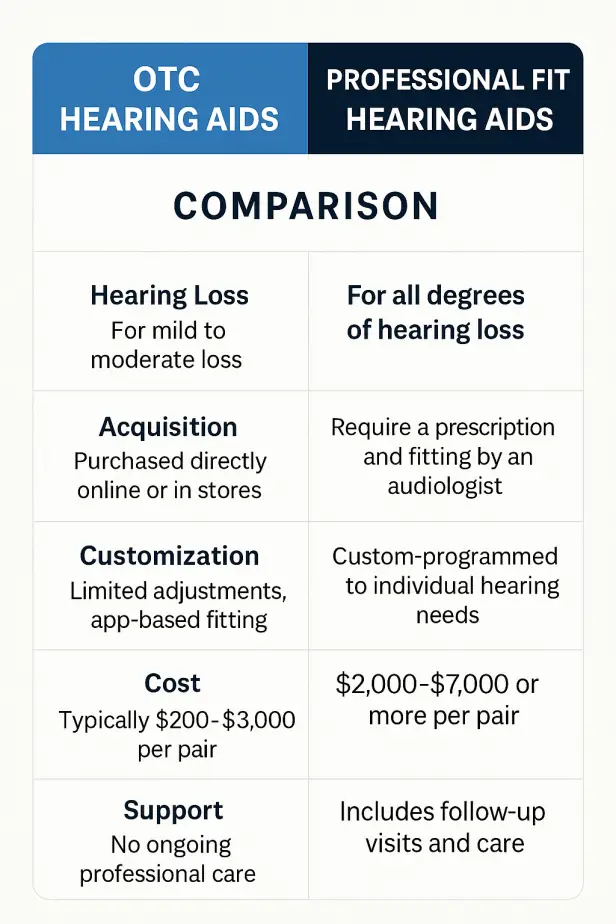 Infographic comparing OTC hearing aids versus professional fit hearing aids, showing differences in hearing loss suitability, acquisition, customization, cost, and support.