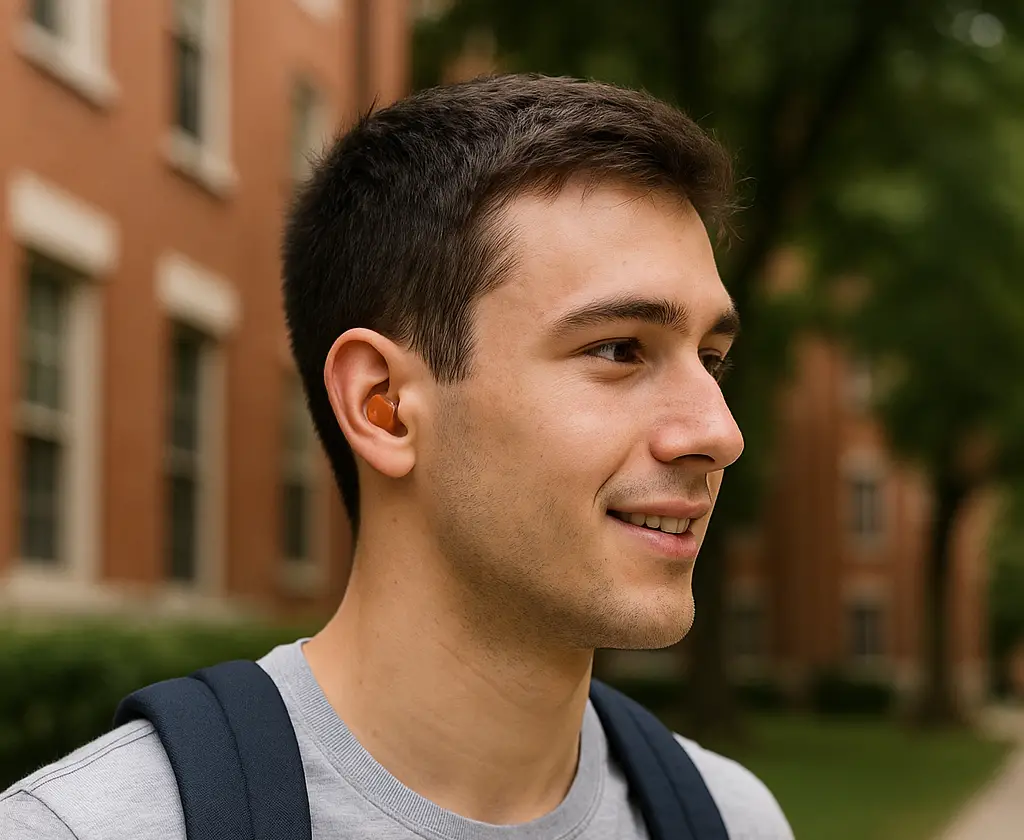 A young male college student with short brown hair, wearing a light gray t-shirt and navy backpack, walks across a campus pathway. A discreet in-the-ear (ITE) hearing aid is visible in his right ear, with red-brick academic buildings and green trees in the background.