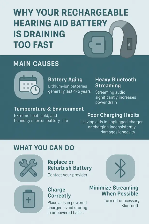 Infographic titled “Why Your Rechargeable Hearing Aid Battery Is Draining Too Fast.” It highlights key causes like battery aging (lithium‑ion batteries lasting ~4–5 years), heavy Bluetooth streaming, extreme temperatures, and poor charging habits. A second section shows steps to fix it: contact your provider for battery replacement, have the device refurbished, and adopt best practices like proper charging, avoiding heat/moisture, using it full‑day before replacing.