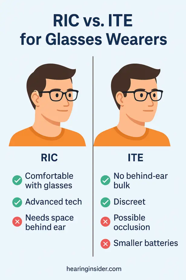 Infographic comparing RIC and ITE hearing aids for glasses wearers. RIC is shown as comfortable with glasses, advanced tech, but needs space behind the ear. ITE is shown as having no behind-ear bulk, discreet design, but possible occlusion and smaller batteries.