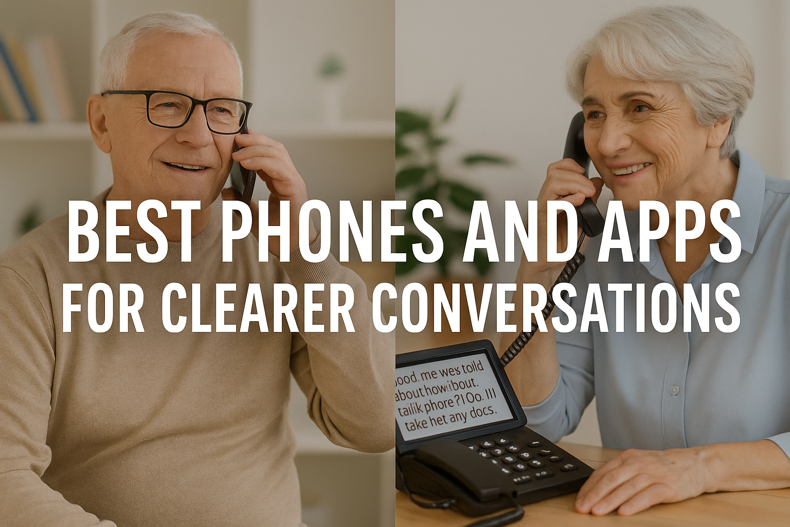 Senior man smiling while talking on a cell phone and senior woman using a captioned landline phone with text captions visible on the screen, representing clearer conversations.