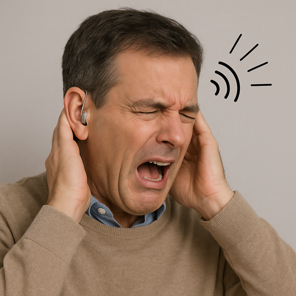 Middle-aged man wearing a Signia Pure 312 RIC hearing aid, grimacing and covering his ears in frustration from repeated beeping sounds.