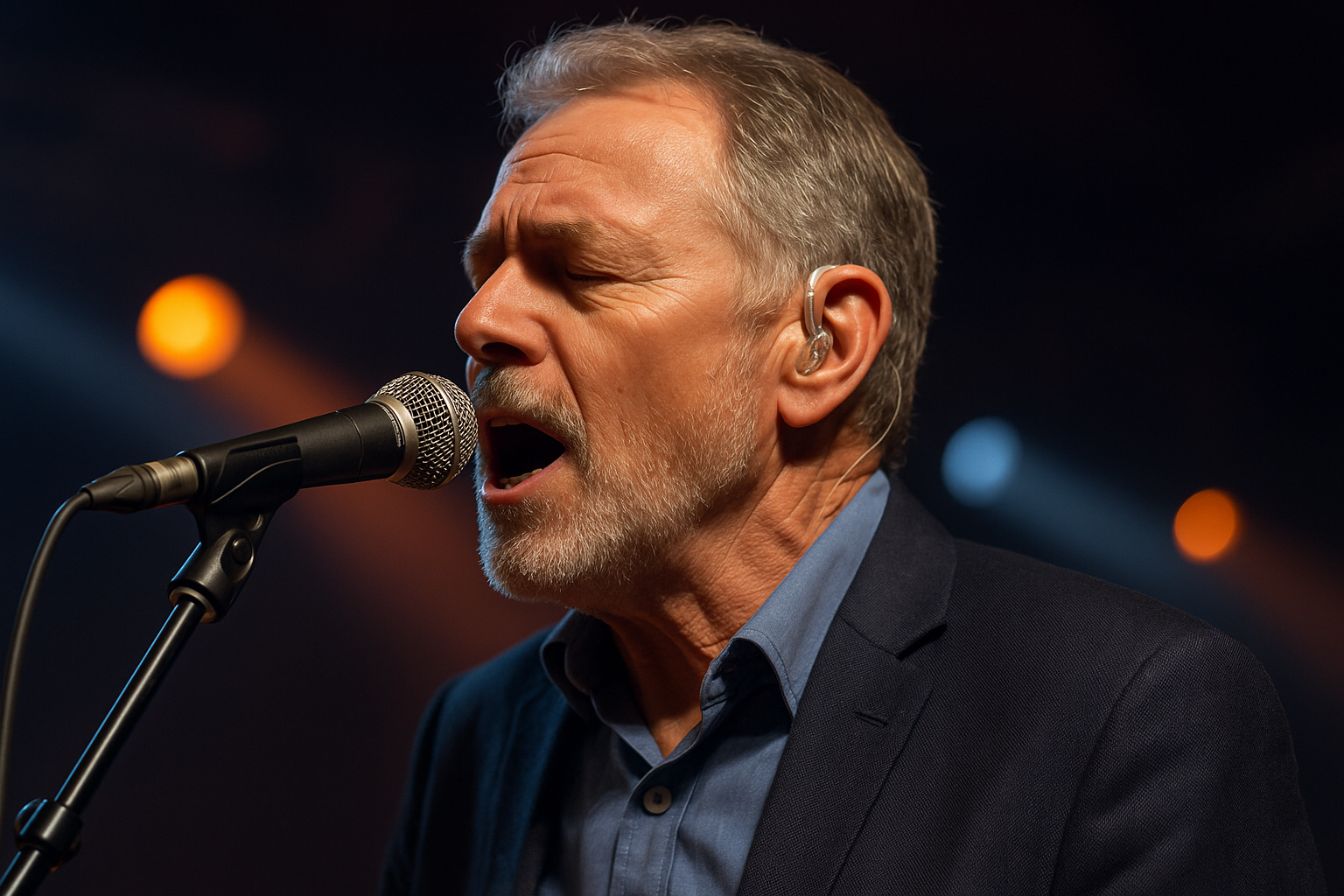 older man standing at microphone singing with hearing aid in his ear