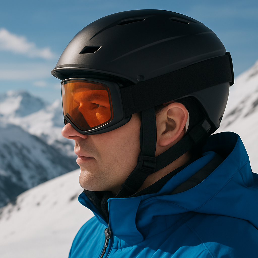 Skier wearing a black ski helmet and orange goggles on a snowy mountain, showing how helmets fit over hearing aids