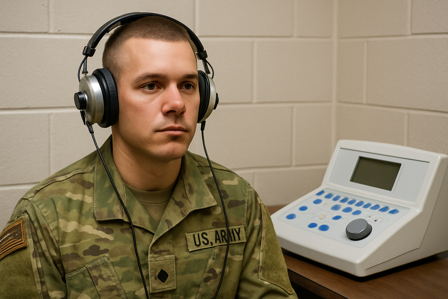 soldier taking hearing test, possible functional hearing loss
