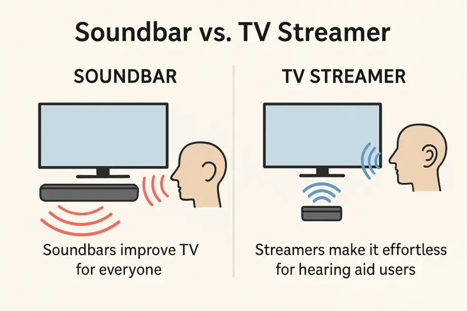 Infographic comparing a soundbar and a TV streamer. The left side shows a soundbar under a TV sending sound waves across the room with the text “Soundbars improve TV for everyone.” The right side shows a TV streamer sending signals directly into a person’s ear with the text “Streamers make it effortless for hearing aid users"