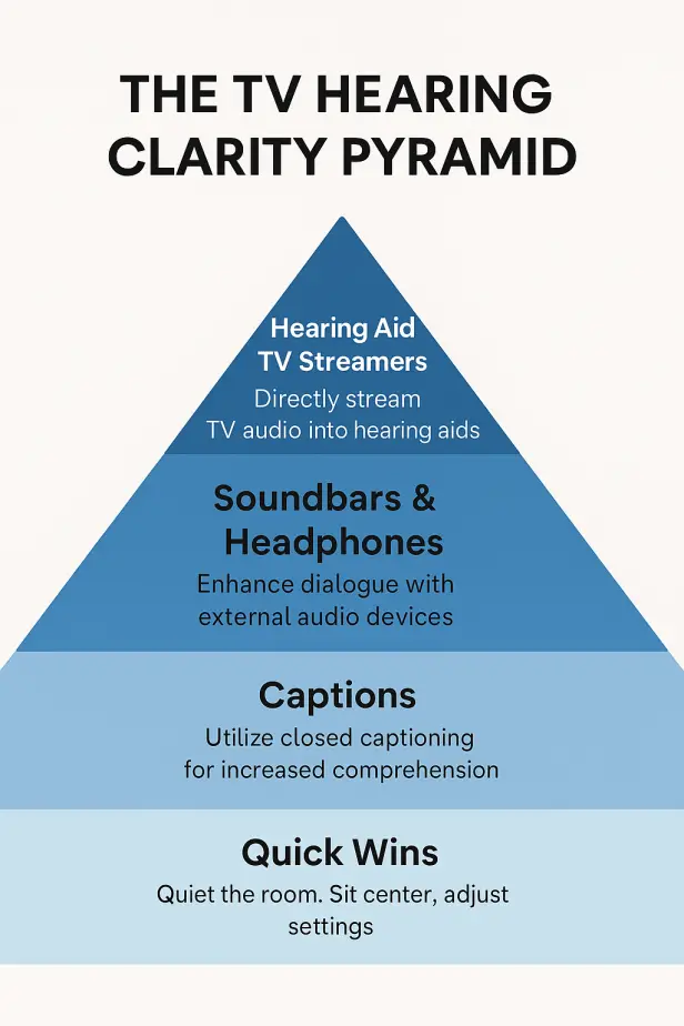 Infographic showing 'The TV Hearing Clarity Pyramid' with four levels: Quick Wins, Captions, Soundbars & Headphones, Hearing Aid TV Streamers."