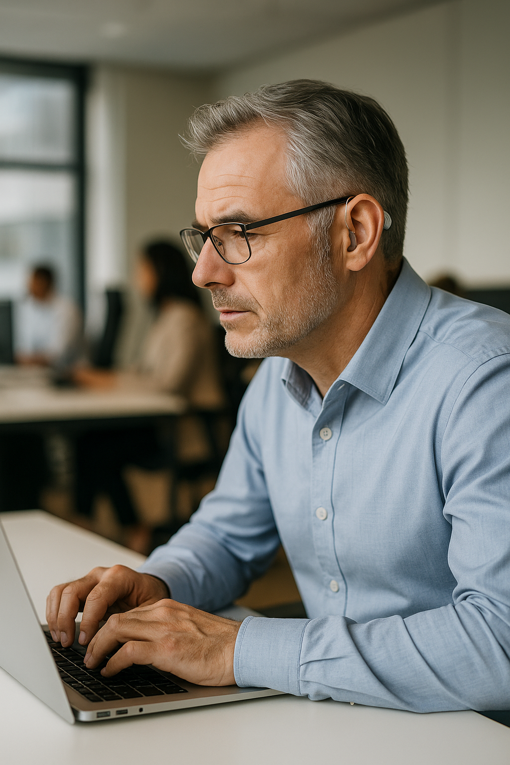 Older Caucasian man with salt-and-pepper hair and glasses working at a laptop in a modern office, wearing a discreet receiver-in-canal (RIC) hearing aid in his right ear, with blurred coworkers in the background.