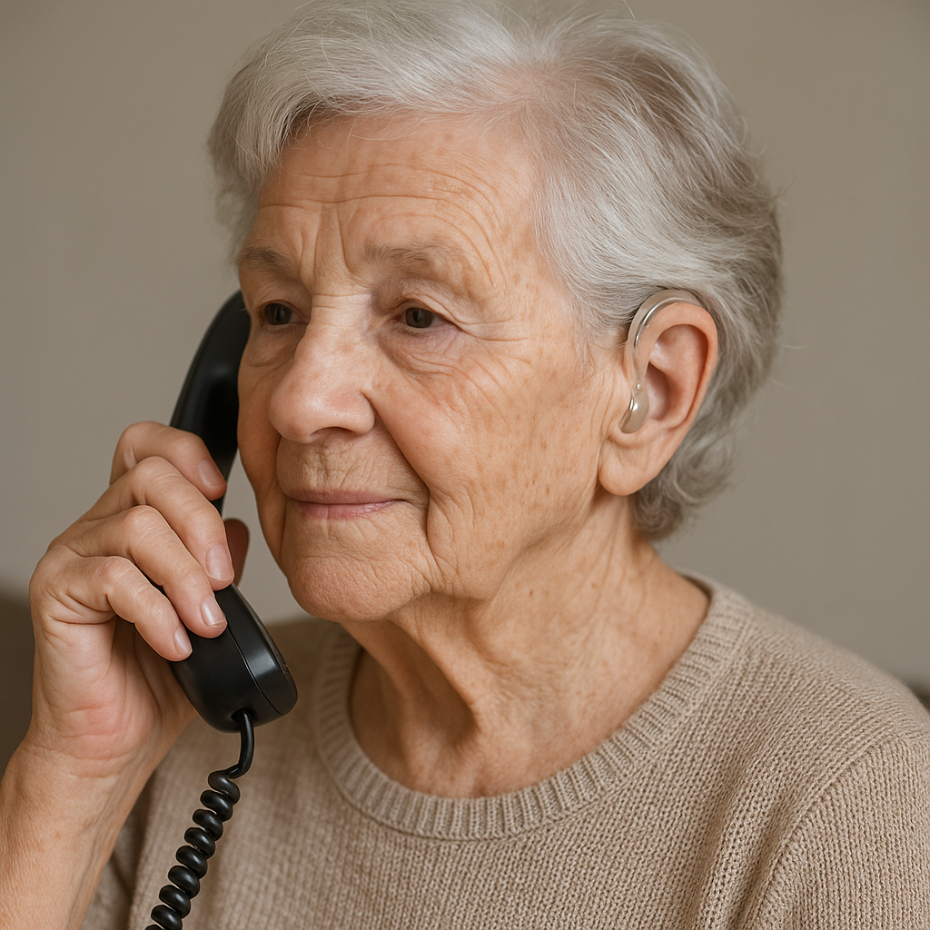 Elderly woman with short white hair wearing a beige behind-the-ear hearing aid while holding a black corded landline phone to her ear.