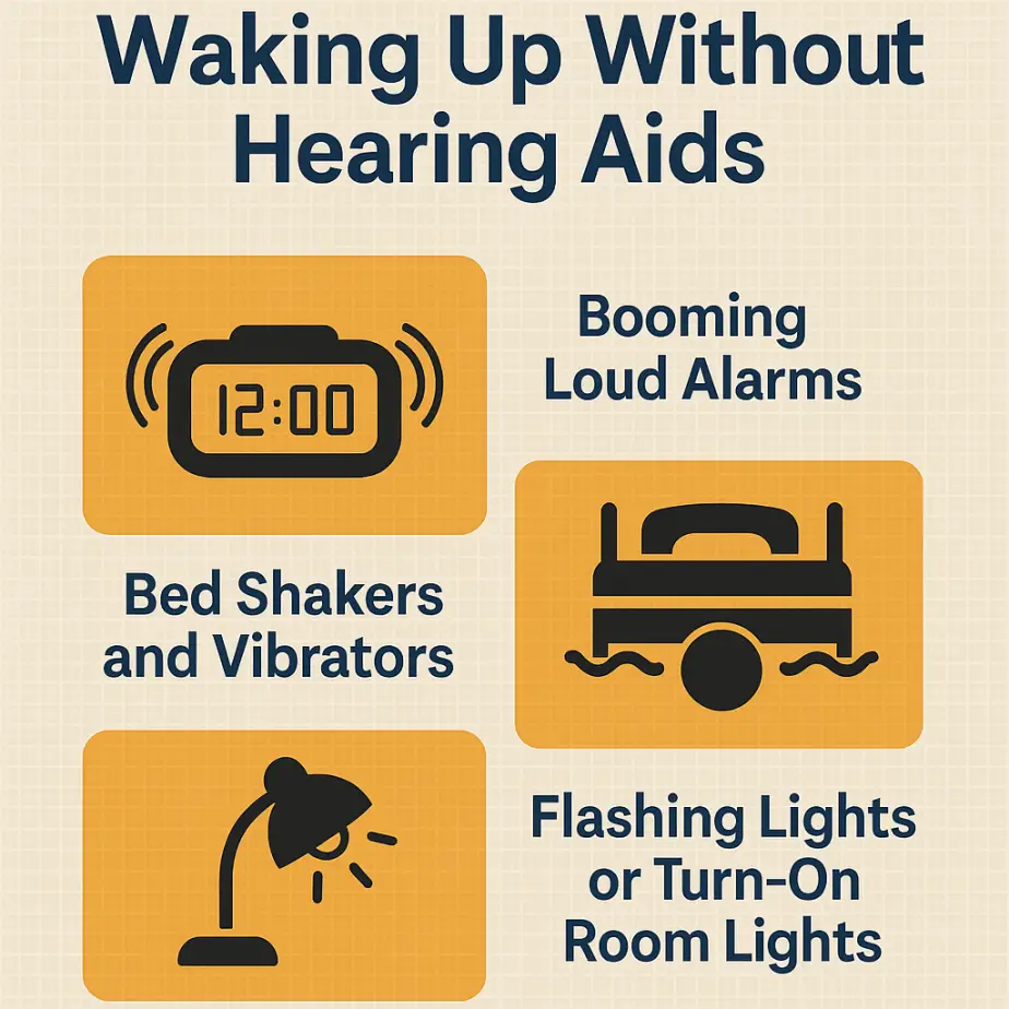 Infographic showing bed shaker, flashing light, and extra-loud alarm as safe wake-up alternatives for hearing aid users