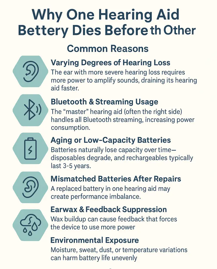 Infographic titled “Why One Hearing Aid Battery Dies Before the Other.” It shows six main causes with icons: more hearing loss requiring more power, Bluetooth streaming draining one side, aging or weak batteries, mismatched replacements after repairs, earwax causing feedback, and environmental exposure like moisture or heat. A lower section offers quick tips with icons: rotate batteries nightly, limit Bluetooth use, clean wax guards regularly, and use drying kits. Designed in muted teal and gray with clean typography.