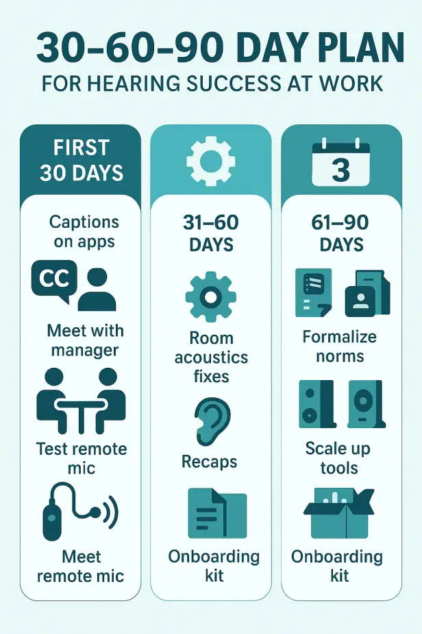 Three-column infographic showing a 30-60-90 day plan to improve workplace clarity with captions, room acoustics fixes, remote mics, and team norms