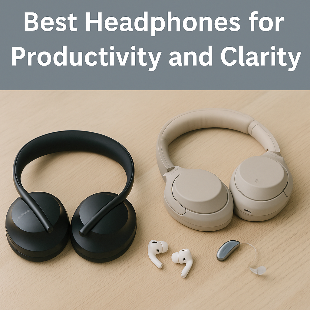 Best headphones for productivity and clarity including Bose noise-cancelling headphones, Sony over-ear headphones, Apple AirPods Pro, and a modern hearing aid displayed on a desk