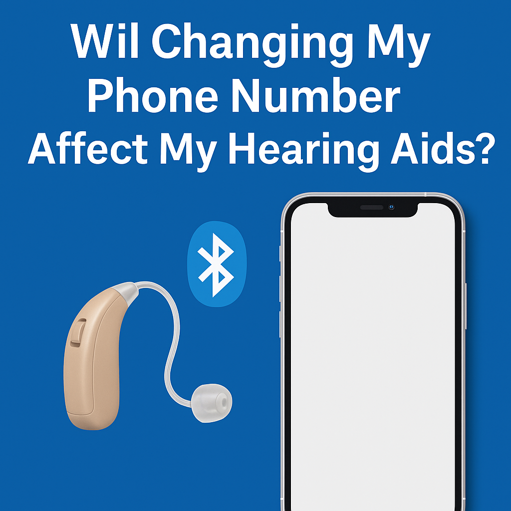 Illustration of an iPhone, Bluetooth symbol, and hearing aid with the question 'Will changing my phone number affect my hearing aids?