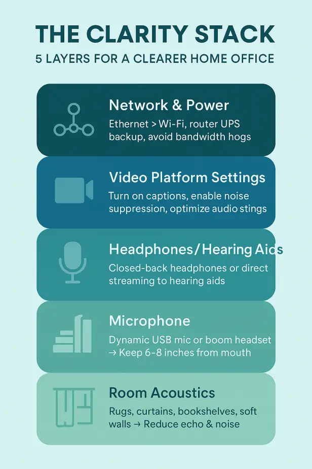 Infographic titled The Clarity Stack showing five layers for a clearer home office: Room Acoustics, Microphone, Headphones/Hearing Aids, Video Platform Settings, and Network & Power