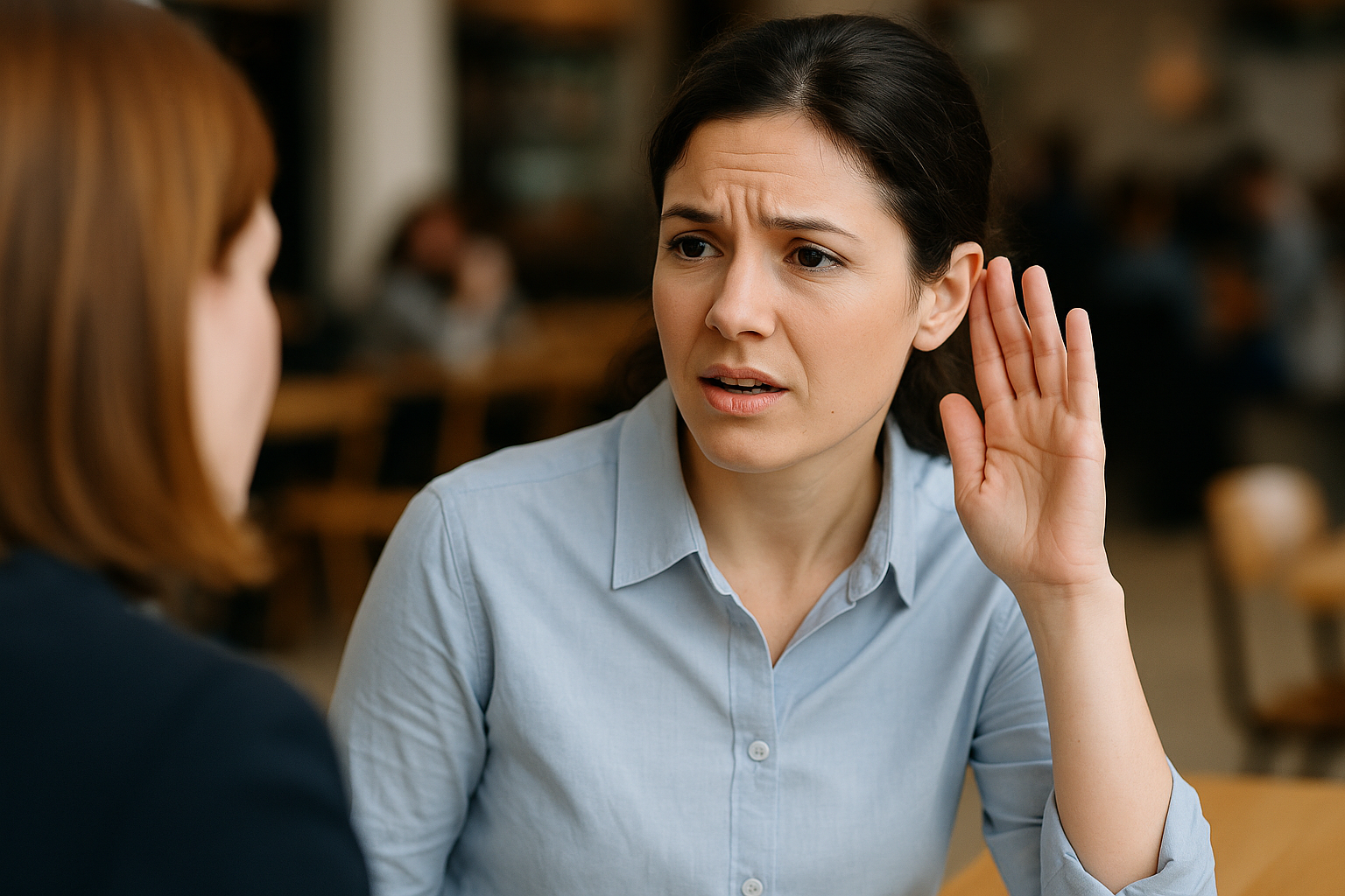 Woman politely cupping her ear while asking someone to repeat during a café conversation, illustrating everyday etiquette for clear communication