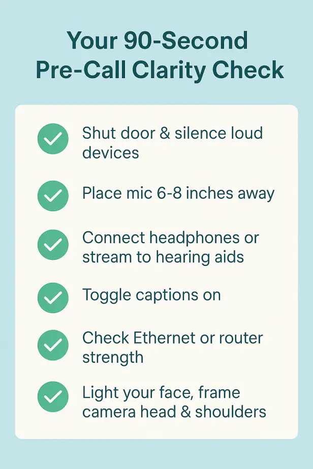 Infographic showing a six-step 90-second pre-call checklist for clear home office video calls: quiet room, mic placement, connect headphones or hearing aids, captions on, stable network, good lighting