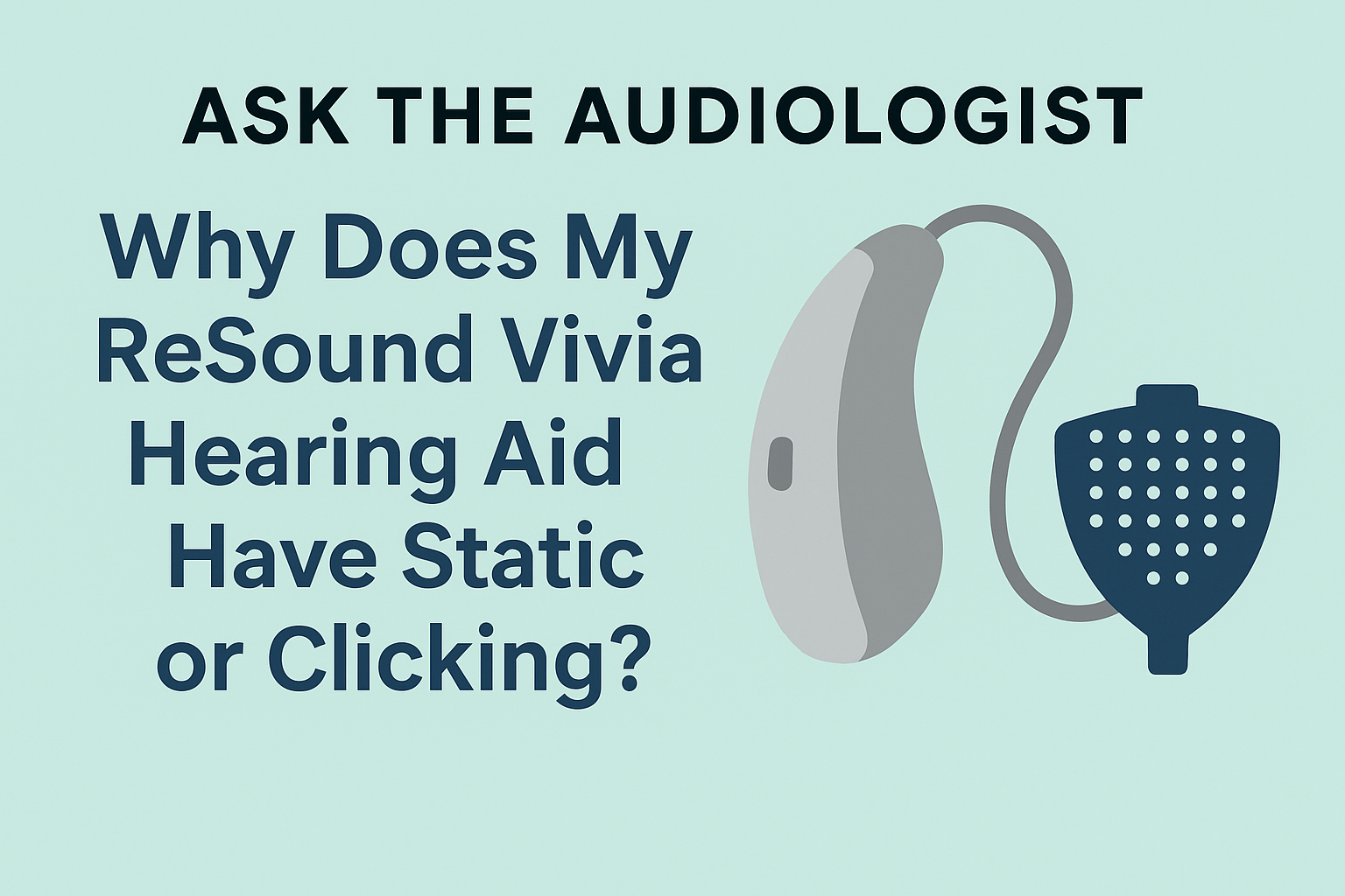 Ask the Audiologist article showing a ReSound Vivia hearing aid and microphone cover with the text: Why Does My ReSound Vivia Hearing Aid Have Static or Clicking