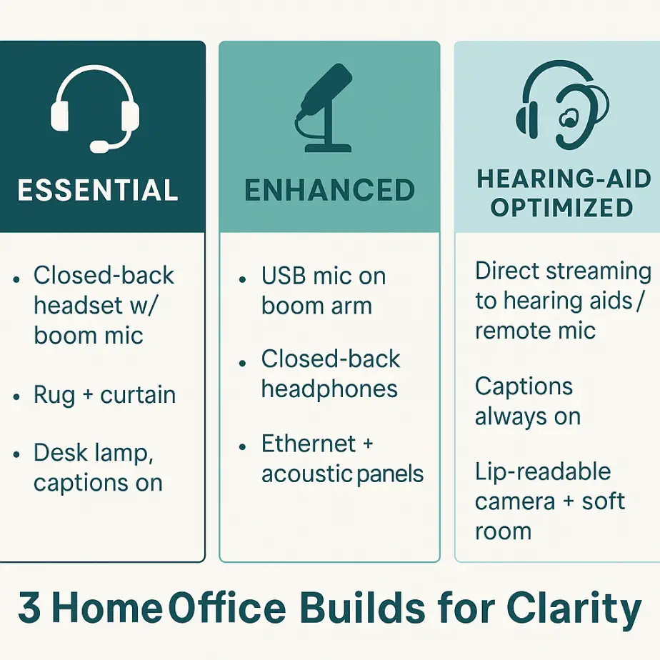 Infographic comparing three home office builds: Essential with basic headset and rugs, Enhanced with USB mic and Ethernet, and Hearing-Aid Optimized with direct hearing aid streaming and captions.