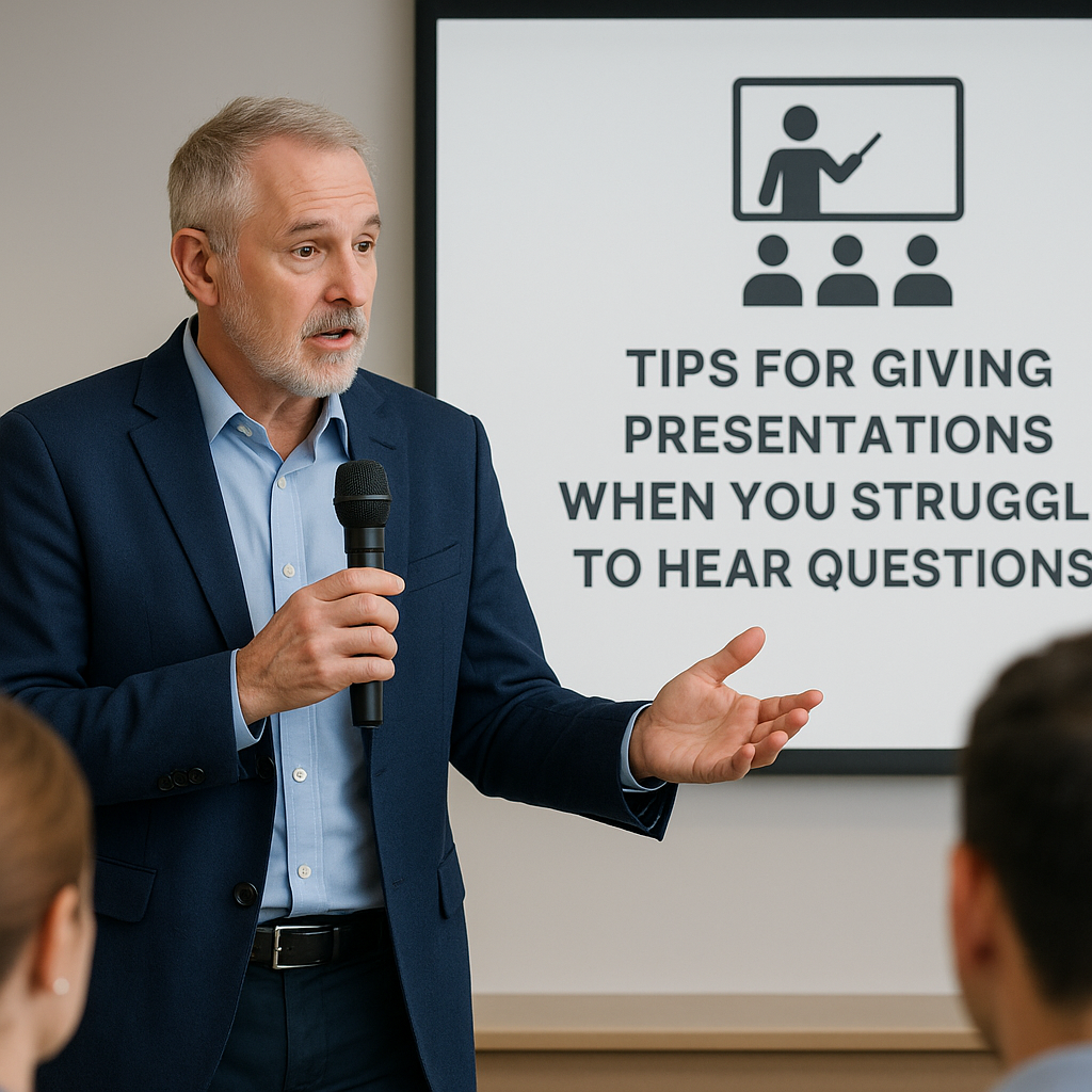 Photo of a professional speaker presenting in a conference room with a microphone, a slide behind him reading 'Tips for Giving Presentations When You Struggle to Hear Questions,' and audience members listening