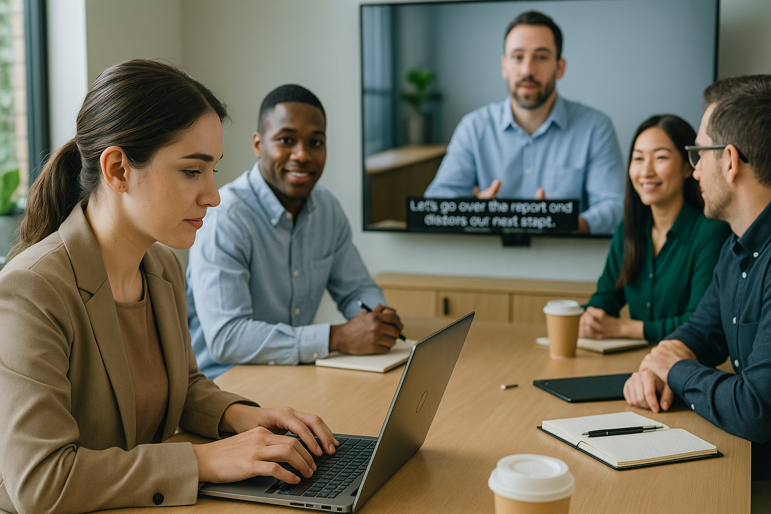 Inclusive workplace meeting with captions and hearing aid user collaborating with coworkers